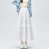 French Style Lace Stitching White Long Spring Summer New Fashion High Waist A-line Pleated Woman Casual Skirt